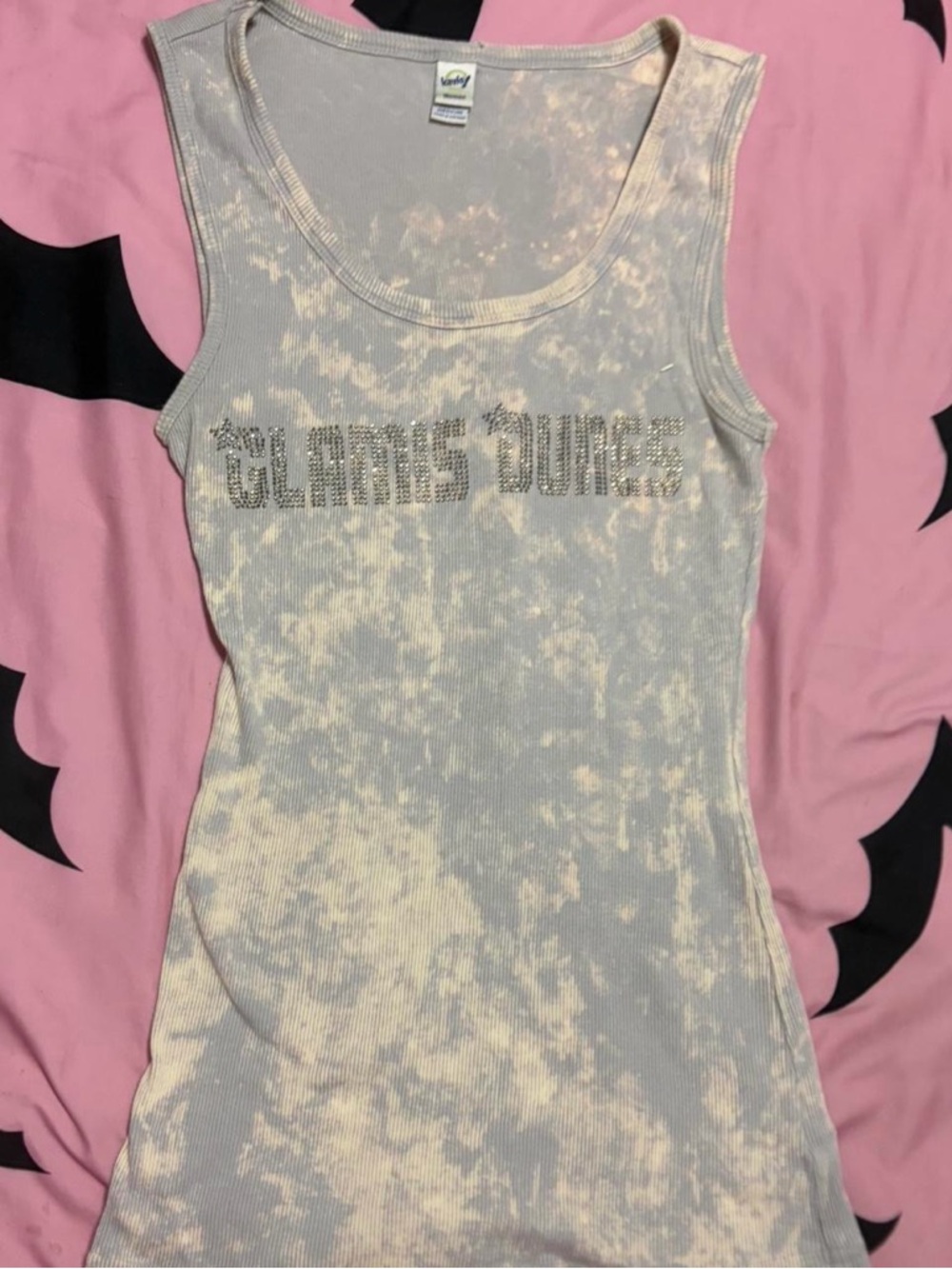 Kavio Cream and Gray Tie-Dye Ribbed Tank Top with Rhinestones